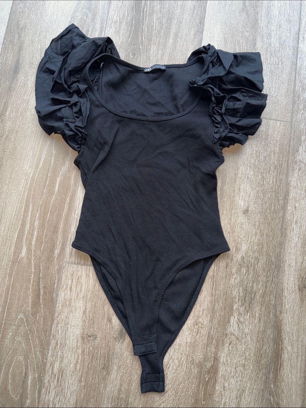 Zara Women’s Black Ruffle Sleeve One-Piece Bodysuit - Size Large